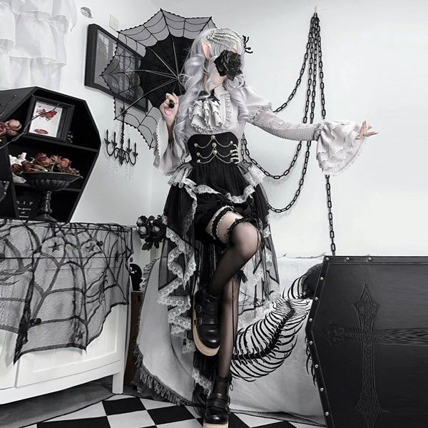 ロリータ ブラウス スカート リボン スケルトン風 レトロ風 コスチューム フィッシュテール レディース ゴスロリ 暗黒風 長袖 フリル コスプレ洋服 可愛い セクシー 宮廷服 日常 仮装 パーティ イベント 文化祭