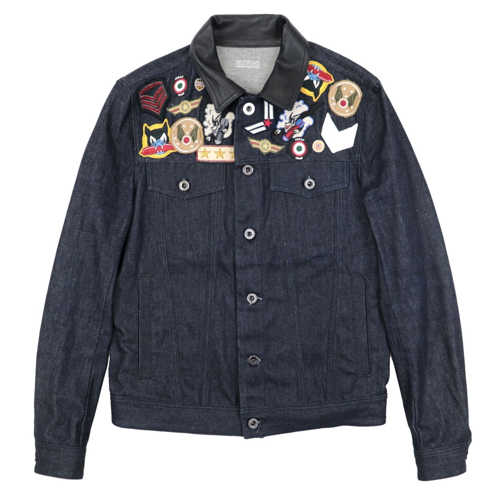 美品✨DIESEL BLACK GOLD★デニムジャケット襟レザーワッペン/48 美品 ディーゼルブラックゴールド ワッペン装飾 レザー襟 デニム