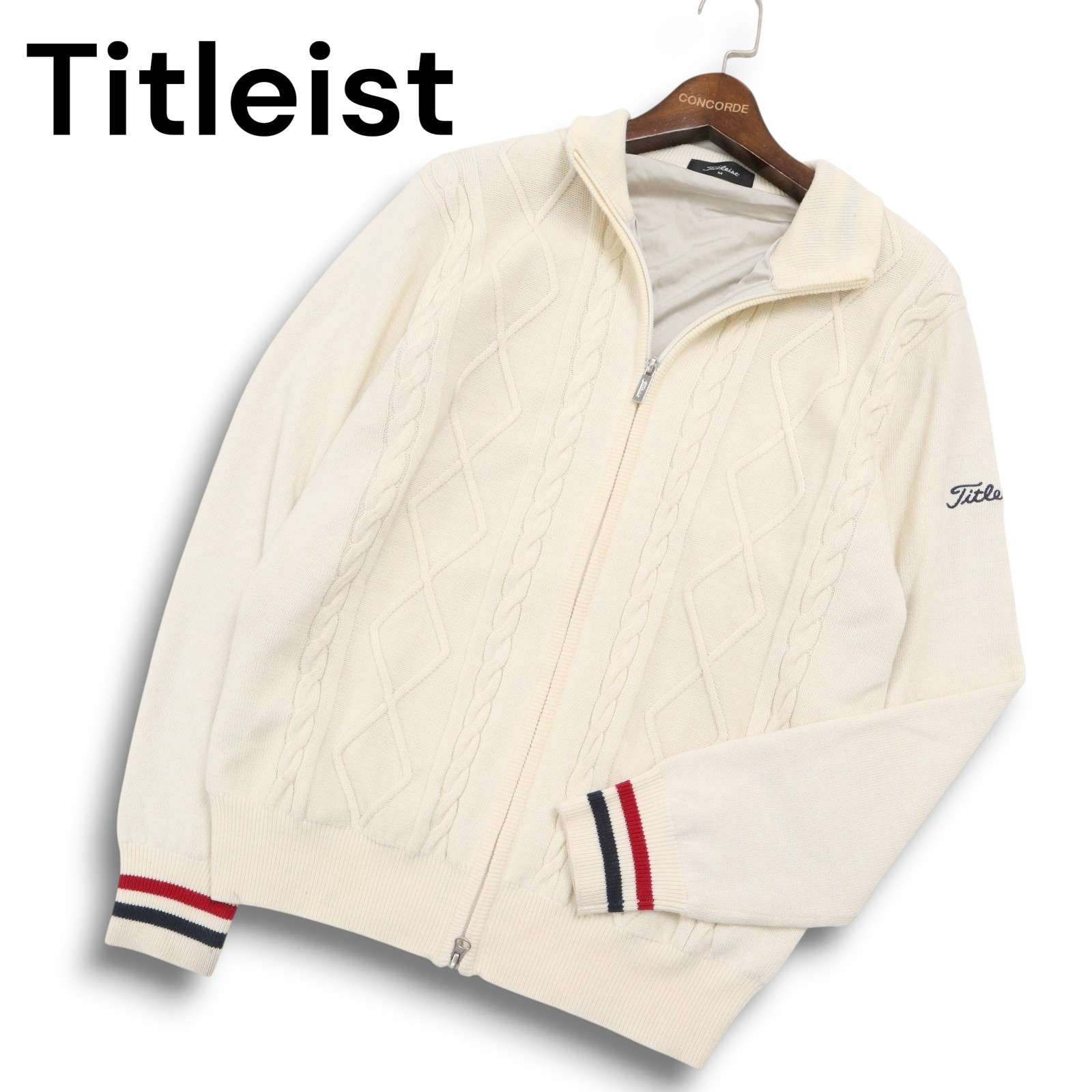 Titleist タイトリスト ゴルフ 秋冬 ウール混 ケーブル編み ロゴ ニット ブルゾン ジャケット Sz.M メンズ 白