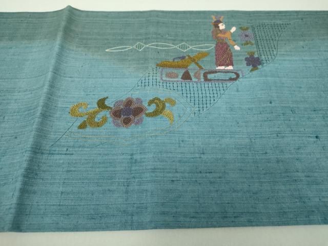 平和屋着物●中国三大刺繍　スワトウ相良刺繍　汕頭相良刺繍　総刺繍　太鼓柄袋帯　紬地　壁画文様　正絹　逸品　未使用　DAAS3580ps 平和屋着物○中国三大刺繍 スワトウ相良刺繍 汕頭相良刺繍 総刺繍 太鼓