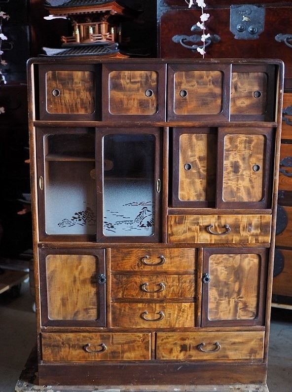 昭和レトロ 美しい杢目の茶箪笥 昭和中期 古録展 送料無料 中古 品番