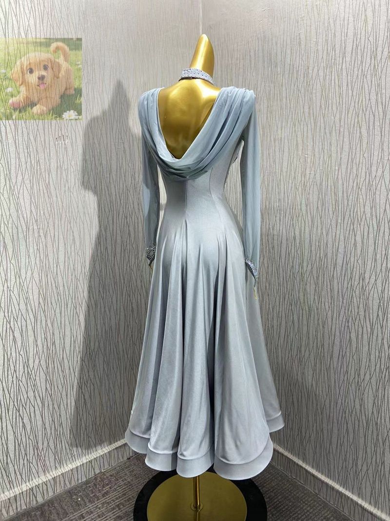 人気品 セミオーダードレス レディース社交ダンス衣装 ダンスドレス モダン練習試合用ダンスドレス モチーフ飾り グレー LLC-HASEGAWATOSO_COM