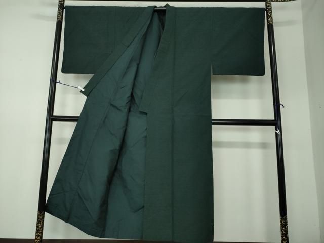 平和屋着物○男性 紬 アンサンブル 長羽織 色無地 深緑色 正絹 逸品  