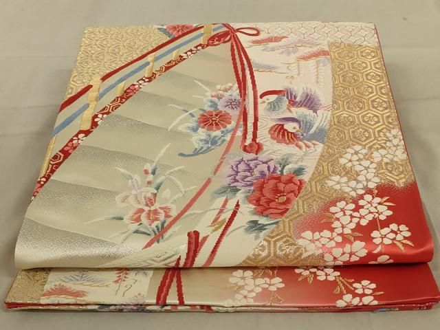 ◆691◆六通　袋帯　金糸華文　有職文様　鴛鴦　刺繍 　正絹　着物帯　和装 平和屋着物◎六通柄袋帯 唐織 鴛鴦花文 金銀糸 正絹 逸品 未使用