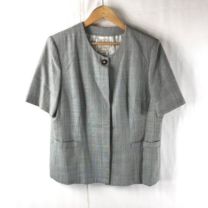 バーバリー BURBERRY ジャケット 半袖 ミックス生地 飾りボタン ポケット 肩パッド グレー 17サイズ 946807