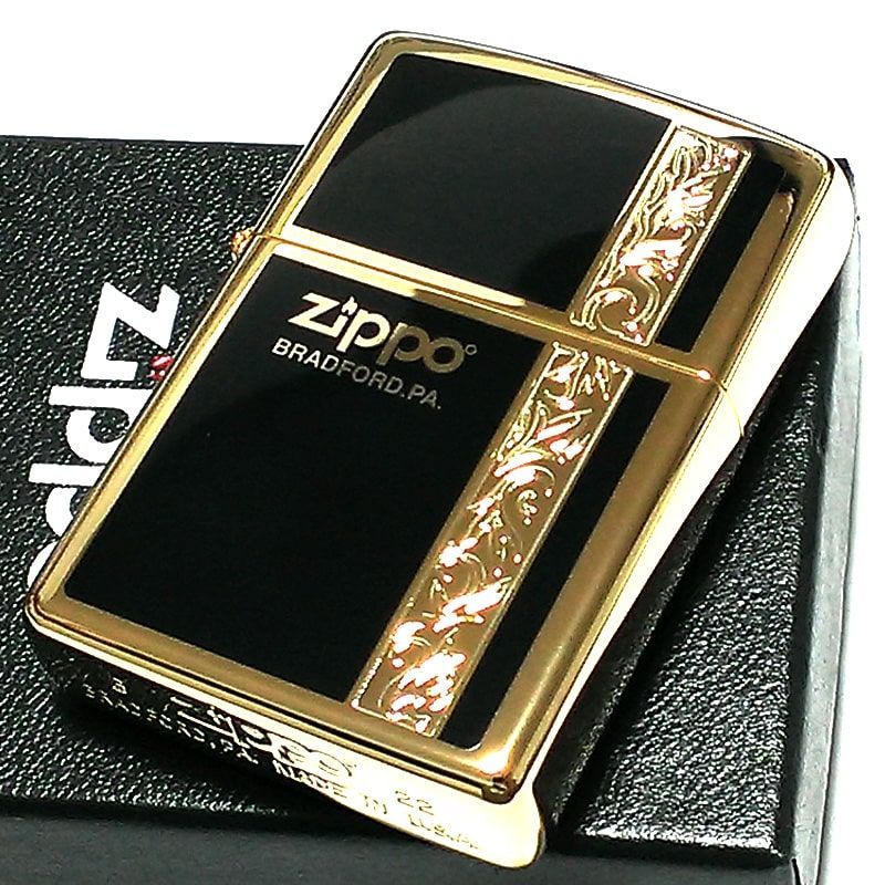 ZIPPO ライター シンプル アラベスク ライン入り ロゴ 金 両面加工