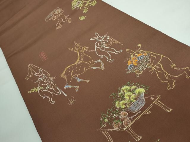 平和屋本店□最高級 龍村平蔵製 太鼓柄 本袋帯 とばえまき錦 枯茶色地  