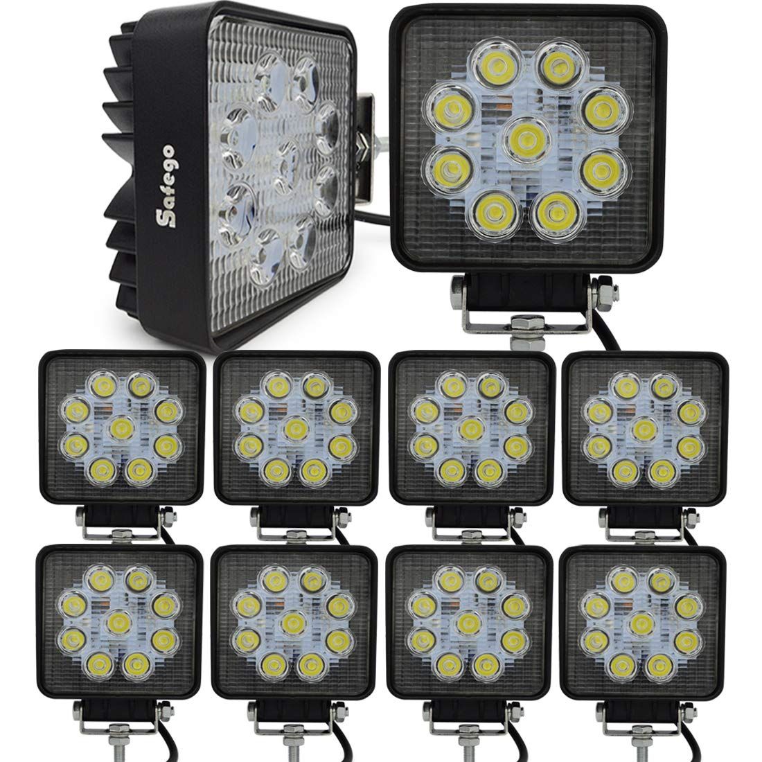 Safego ワークライト 27W LED作業灯 ワークライト 汎用 10V-30V対応 広角タイプ 長寿命 フラッドライト 4インチ 角型 9連LED 車外灯 農業機械 白 27WS-FL-10個