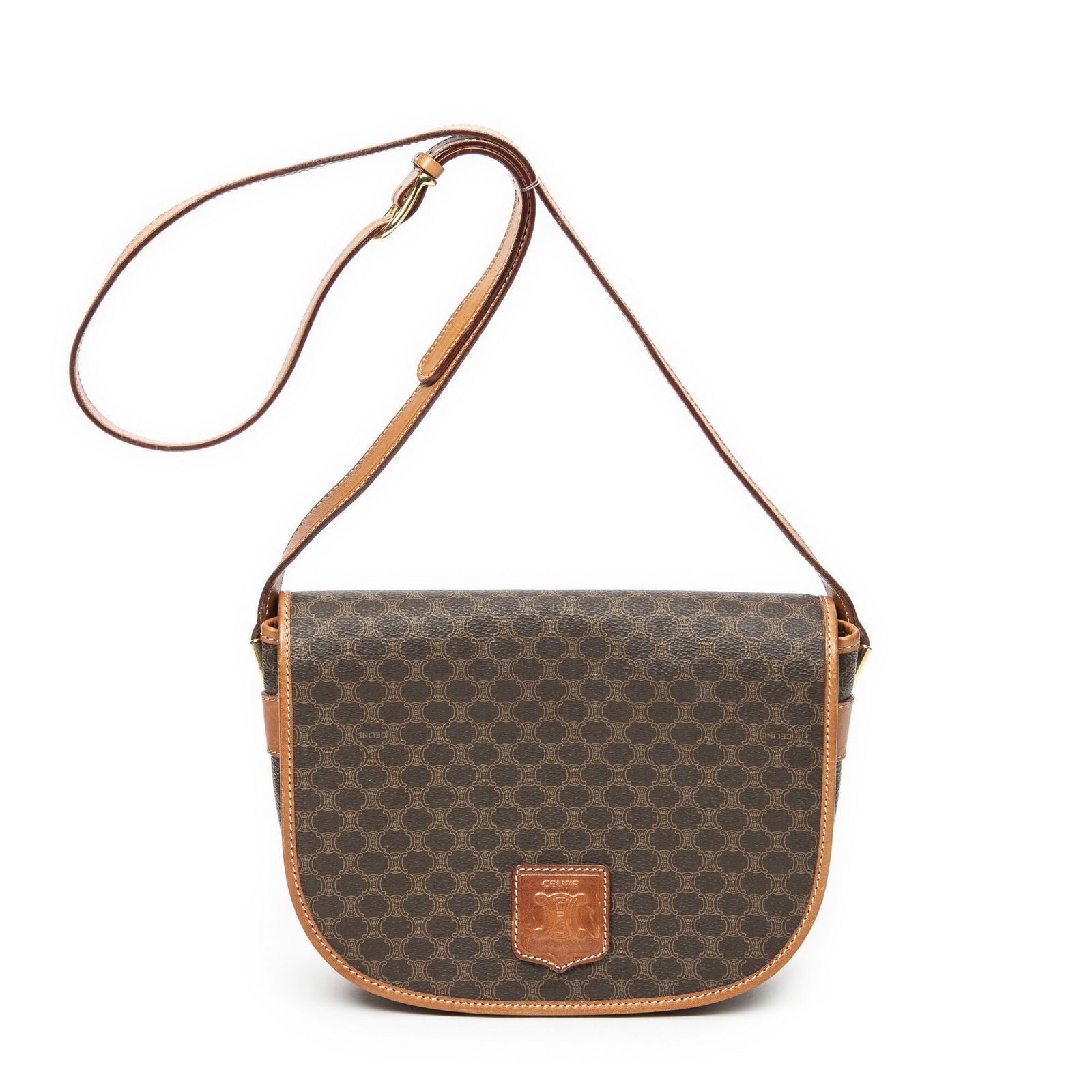 CELINE セリーヌヴィンテージ フラップ クロスボディ茶色マカダムPVCキャンバスA