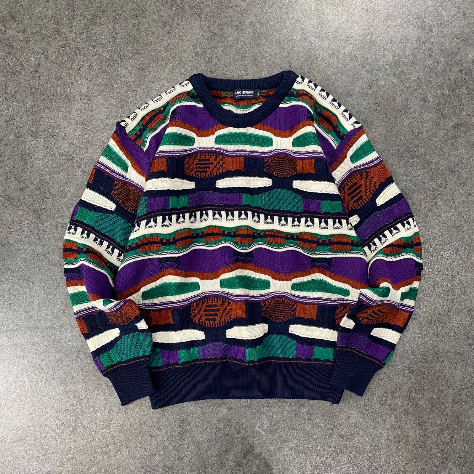 90s Vintage LACIDRAIE Crazy Pattern 3D Design Sweater Multicolore 