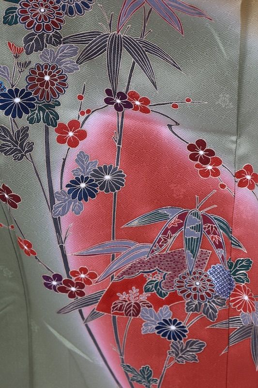 訪問着 新品未使用品 茶 藍 紫 珊瑚朱 グレー グリーン 松竹梅 扇面