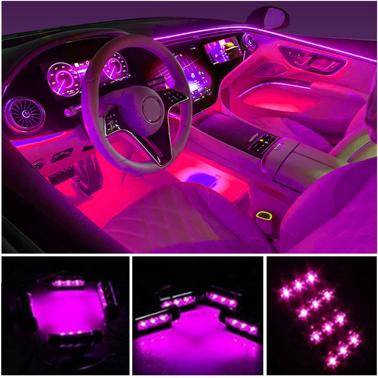 車用LEDストリップライト EJ's SUPER CAR 4個 36個のLED 車内用ライト ダッシュボード下照明 防水キット 車用ネオンライトストリップ DC 12V (ピンク) [ピンク]