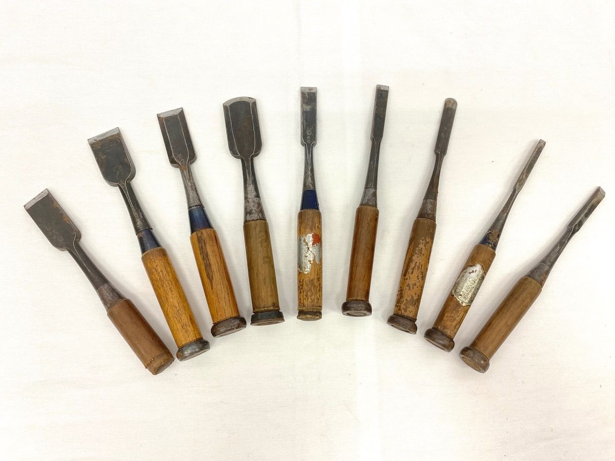 ZK069】大工道具 年代物の ノミ (のみ 鑿) 9本セット 長さ約19～22cm