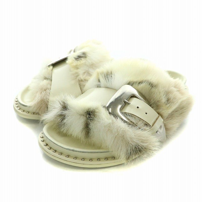 ピッピシック PIPPICHIC バックルベルトエコファーサンダル Backle Belt Eco fur Sandal フラット フェイクファー  レザー 37 24.0cm 白 ホワイト 黒 ブラック /NW27 - メルカリ