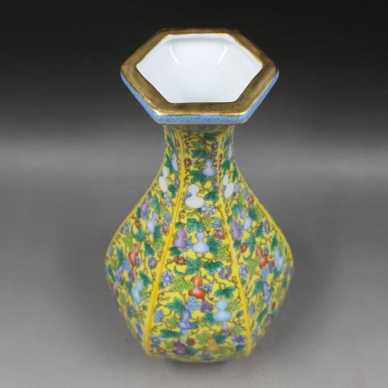 蒔金琺瑯彩六方玉壺春瓶 景徳鎮 陶磁器 装飾品 現代工芸品 美術