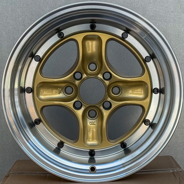 在庫限り 15×8J ±0 PCD 100 114.3 4穴 15インチホイール4本セット 深リム ゴールド 4本スポーク 旧車 スポーツカー ドリ車 ローダウン など