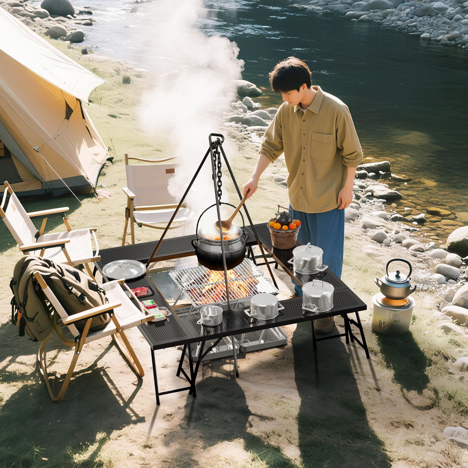 送料無料 SUN-YE 焚き火テーブル アウトドア 囲炉裏 自由な組み合わせで使えるシェイプ 収納ケース付 アウトドア アイアン囲炉裏 マルチファイア 4個セット 脚が太くなり安定感が増し 複数人でのBBQに最適