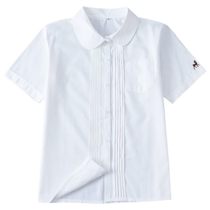 丸衿-半袖-ホワイト_5XL [Sharphon] 女子 スクールシャツ 半袖 丸襟 レディース タック 無地 綿 制服 シャツ トップス ポケット付