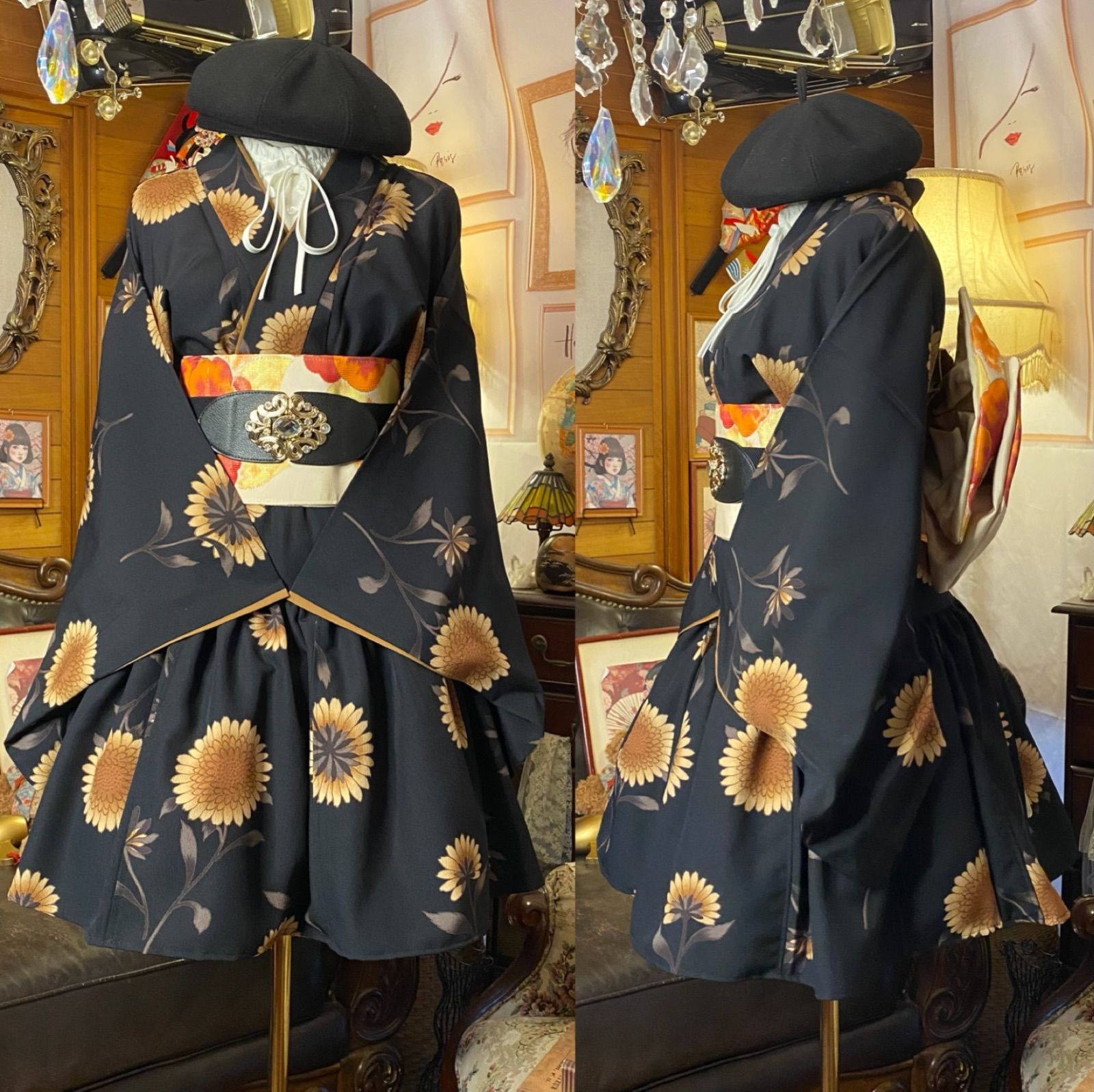 着物 ミニ丈 ワンピース ドレス 和ロリ 2部式作り帯 名古屋帯 リメイク 和洋折衷 洗える 化繊 ハンドメイド 古着 単衣 黒地×金茶の大輪菊＆椿 MKW-37