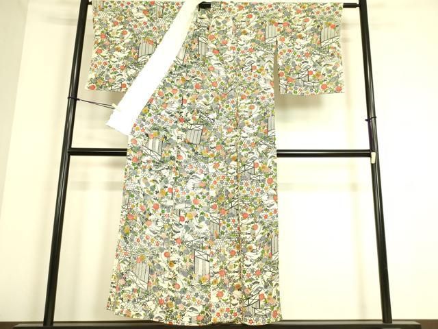 平和屋着物▽上質な小紋　単衣　型染　吉祥花文　正絹　逸品　DAAS0104az 平和屋着物▽上質な小紋 単衣 型染 吉祥花文 正絹 逸品 DAAS0104az