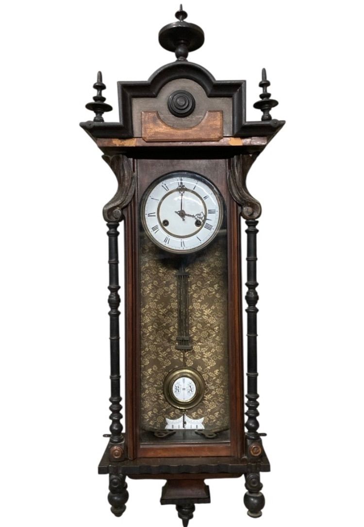 ドイツ 時計 ユンハンス アンティーク レトロ 柱時計 黒柿 木材 有名 ウィーン レギュレーター Vienna Regulator 壁掛け時計 19世紀中頃〜20世紀初頭 文字盤 ローマ数字 振り子 木製 彫刻 動作未 現状品 N25J T 30