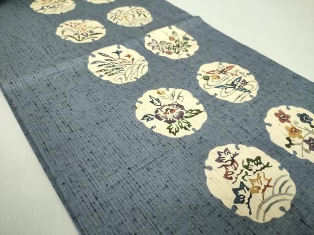 平和屋着物○九寸開き名古屋帯 ぜんまい紬 型染 雪輪花文