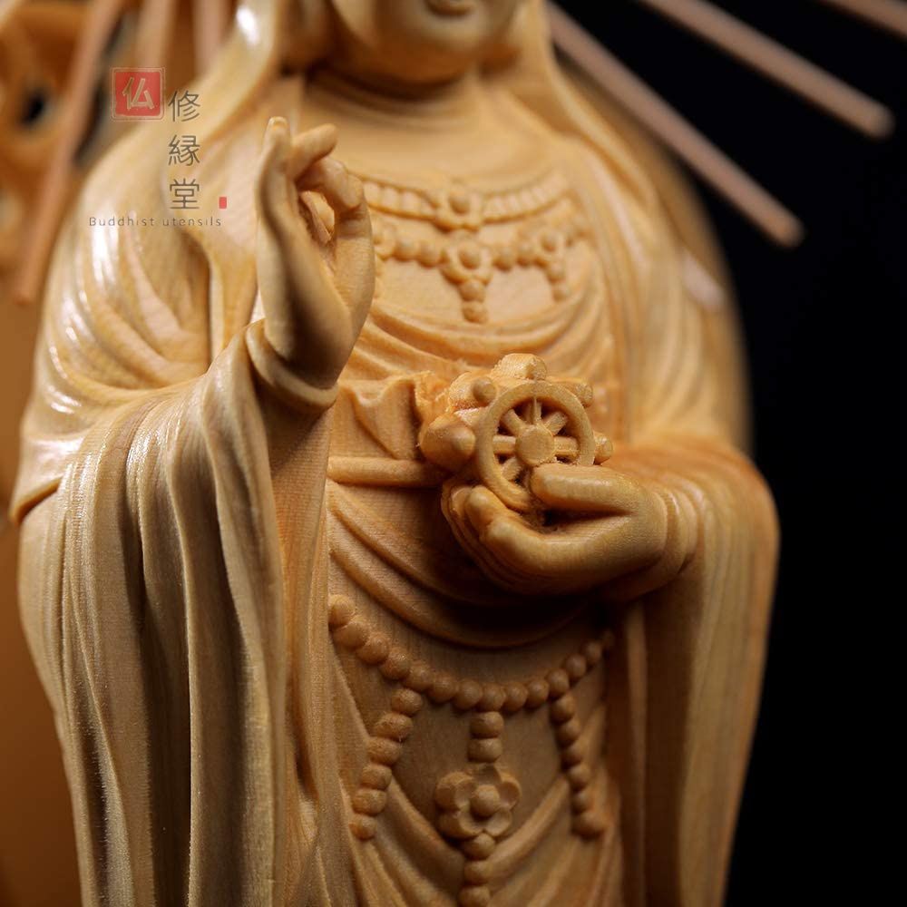 修縁堂】木彫り 仏像 南海観音菩薩立像 彫刻 一刀彫 天然木檜材