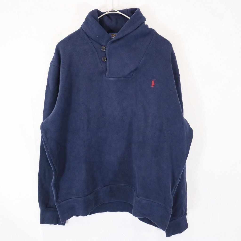 SALE/ Polo Ralph Lauren ポロラルフローレン ワンポイント ショールカラー スウェット エルボーパッチ ネイビー (メンズ L)  N6836