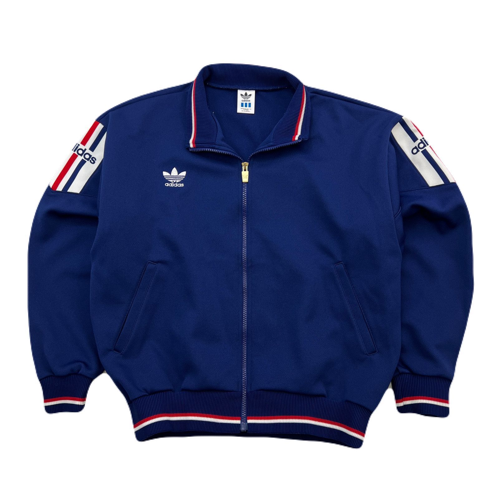 ☆希少☆アディダス トラックジャケット デサント製 トレフォイルロゴ 80s L adidas ジャージ トラックジャケット メンズ L ネイビー 【 希少