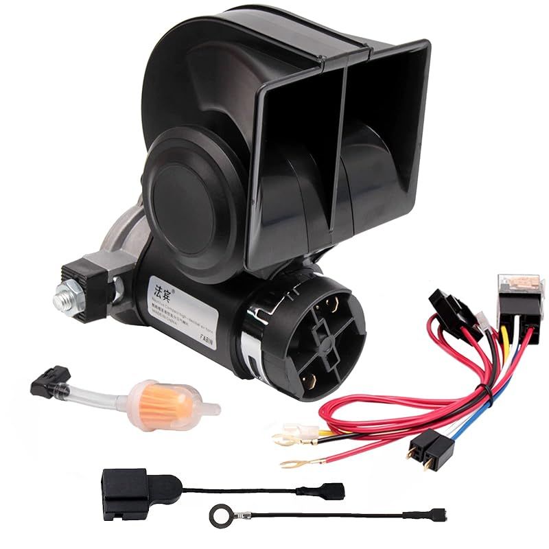 カーホーン ホンダ対応 12V 防水 カタツムリホーン 110-125dB 高/低チューン(2ペアのホーンプラグ付き) FARBIN カタツムリのホーン エアホーンキット コンプレッサー付き 配