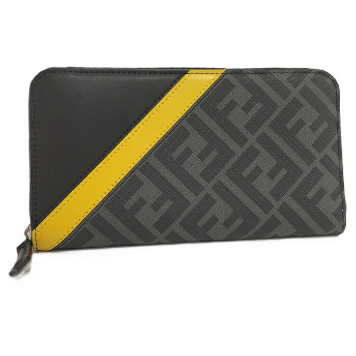 FENDI ラウンドファスナー長財布 ズッカ PVC レザー ブラック グレー イエロー系 7M0210