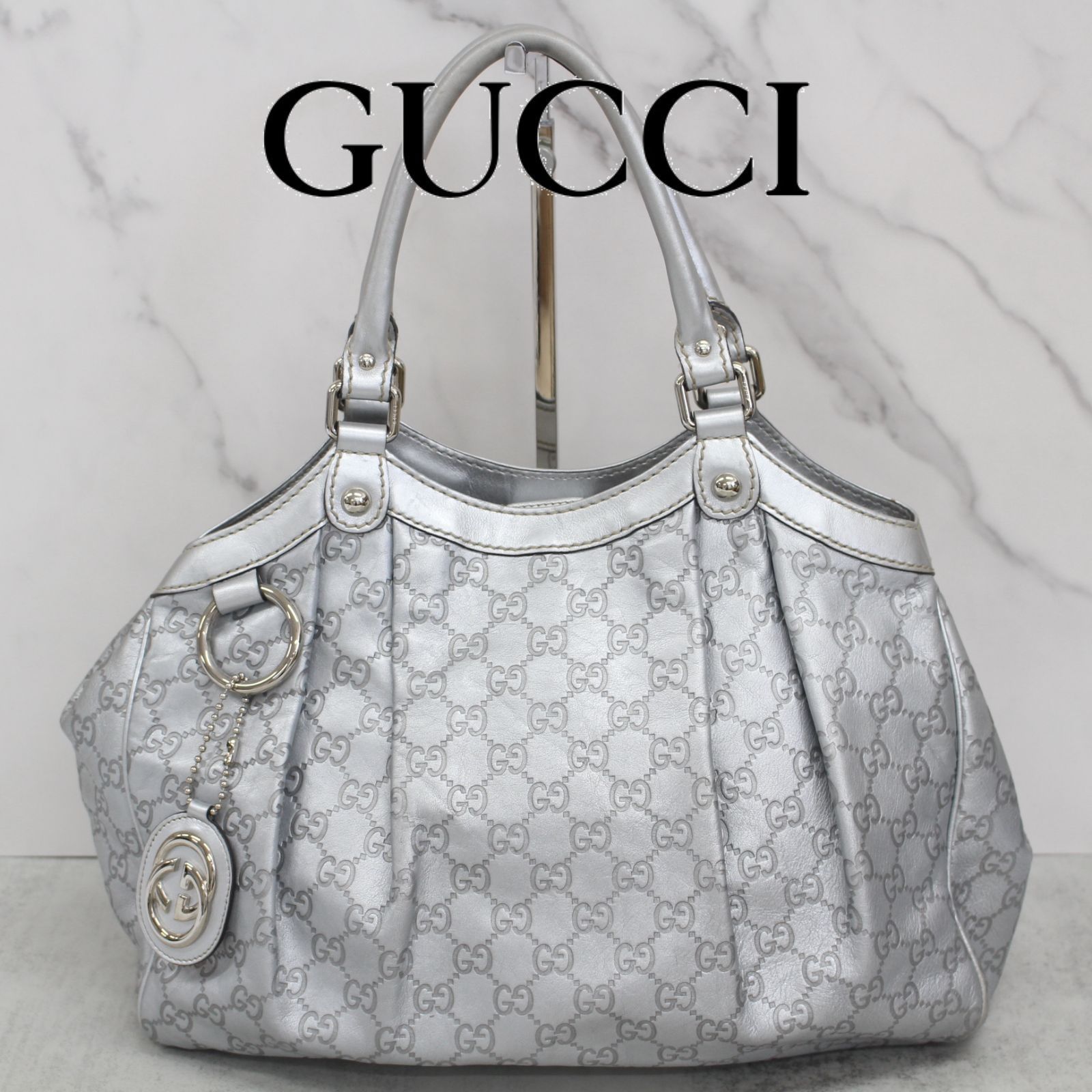 S118)GUCCI スーキー GG柄 レザー トートバッグ シルバー グッチ 