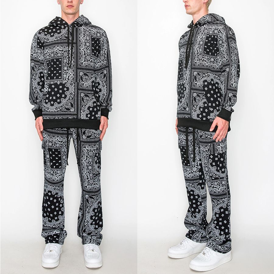 VICTORIOUS LA BANDANA FLEECE SET UP【BLACK】(メンズ 大きいサイズ スウェット プルオーバー フーディー パーカー カーゴパンツ ペイズリー バンダナ ブラック 黒 セットアップ ストリート HIPHOP ヒップホップ)