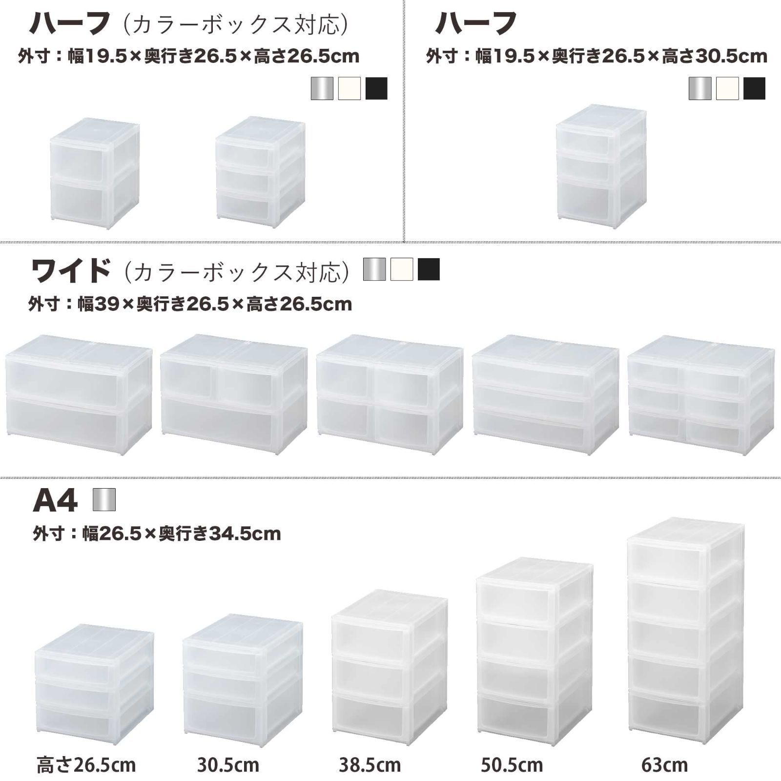 サンカ ポスデコ 引き出し収納ボックス ハーフ 3段(浅2深1) ホワイト ずれを防ぐラバーストッパー 重ねて使える スタッキングチェスト ロック機構  日本製 カラーボックス 収納ケース 小物 衣装 ボックス (幅19.5x奥行26.5x高さ30.5cm