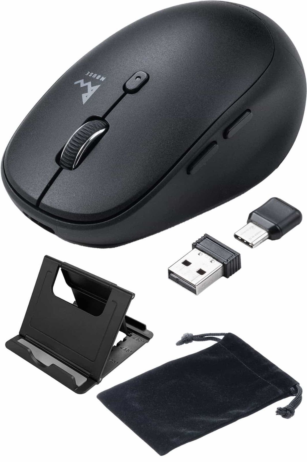 【特価セール】スマホスタンド＆ポーチ付き dpi切替 (戻る/進むボタン搭載) 5ボタン 400-MAWBT172BK Type-A Type-C 静音 充電式 Bluetoothマウス サンワダイレクト