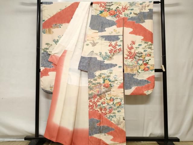 平和屋着物○豪華振袖 絞り 立波源氏車花文 黒地 金彩 正絹 逸品