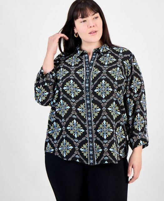 売れ筋商品|||ジェイエムコレクション カットソー トップス レディース Plus Size Embellished-Placket Button-Front Shirt, Exclusively at Macy's Deep Black 送料無料】 ジェイエムコレクション レディース シャツ トップス