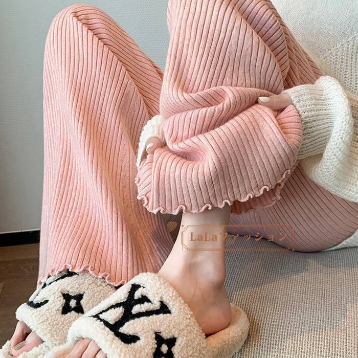 ニットパンツ リブ レディース きれいめ セミフレア 脚長効果