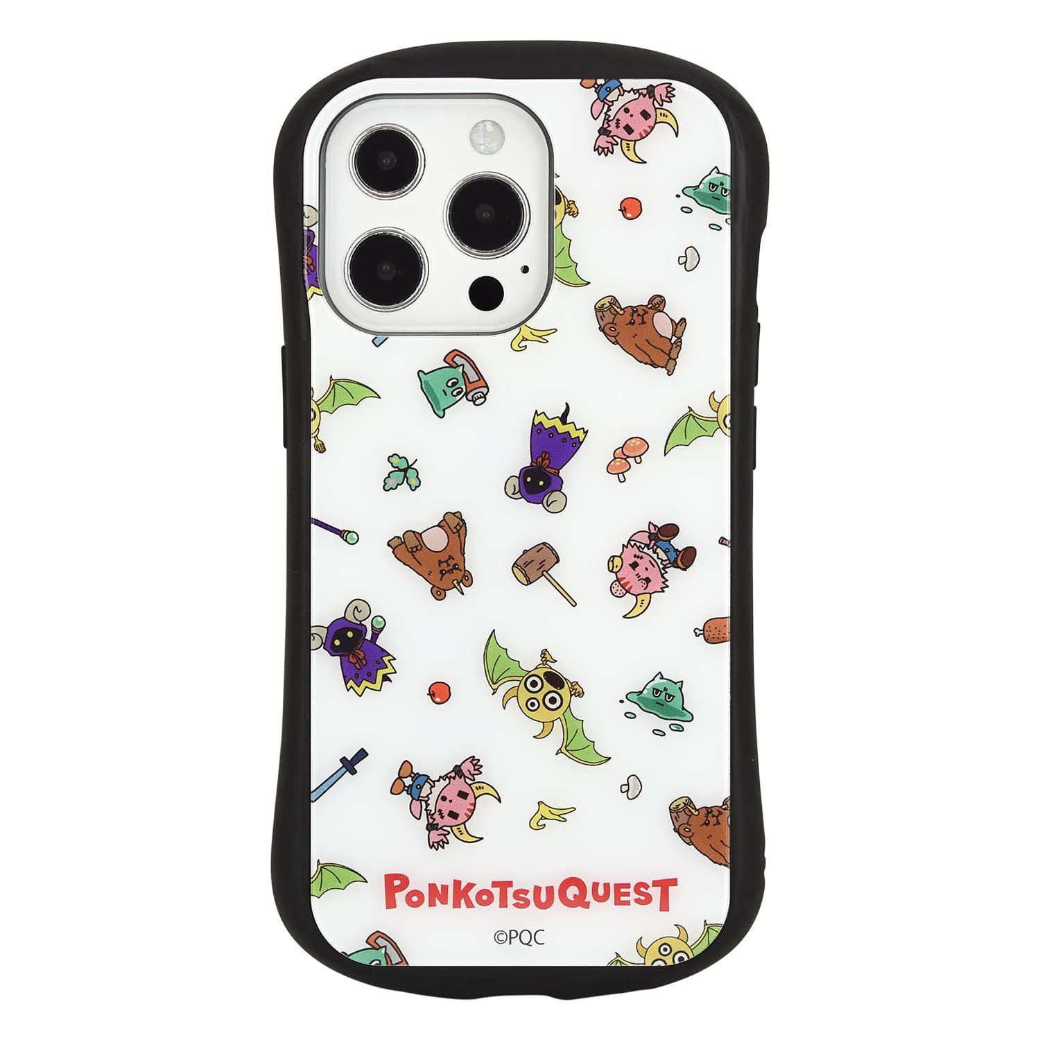 【在庫処分】ポンコツクエスト iPhone13 グルマンディーズ Pro(6.1インチ)対応 ハイブリッドガラスケース 総柄 PQ-15B