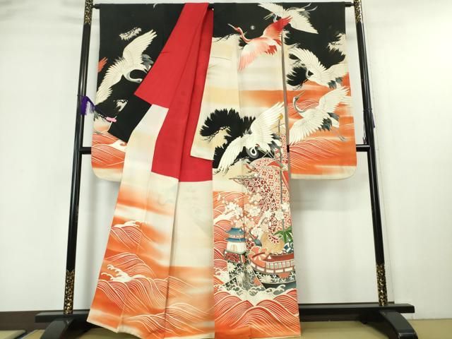 平和屋本店□極上 アンティーク 大正ロマン 振袖 刺繍 飛鶴 宝船 黒地  
