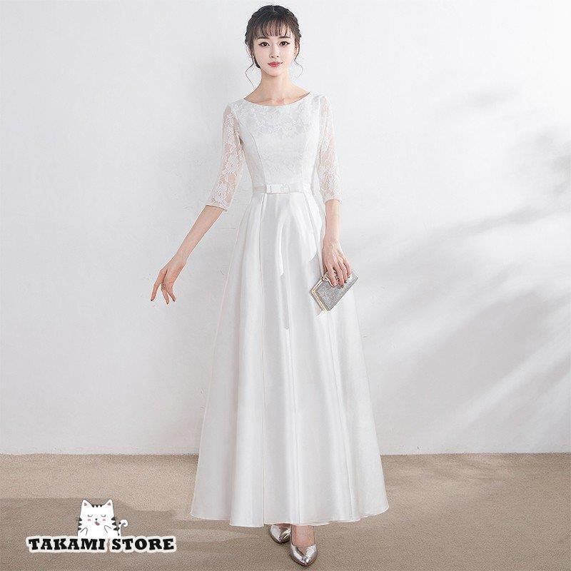 ウェディングドレス 花柄 レース 結婚式 花嫁 二次会 ロングドレス 白 ホワイト ミディアム丈 袖あり 五分袖 ウエストマーク 大きいサイズ