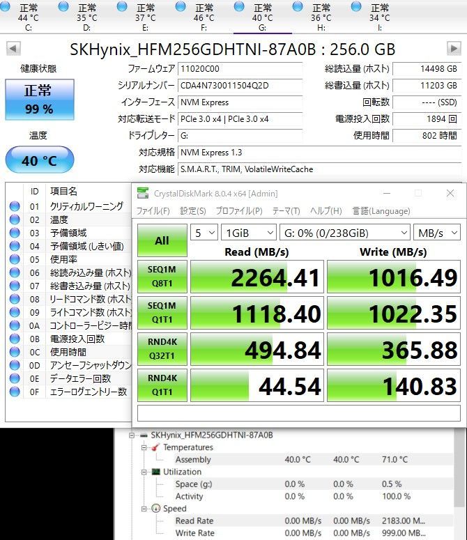 SKHynix | M.2 NVMe SSD 2242 | PCIe3.0×4 | 256G | 95% / y21 | HFM256GDHTNI | sk【632】