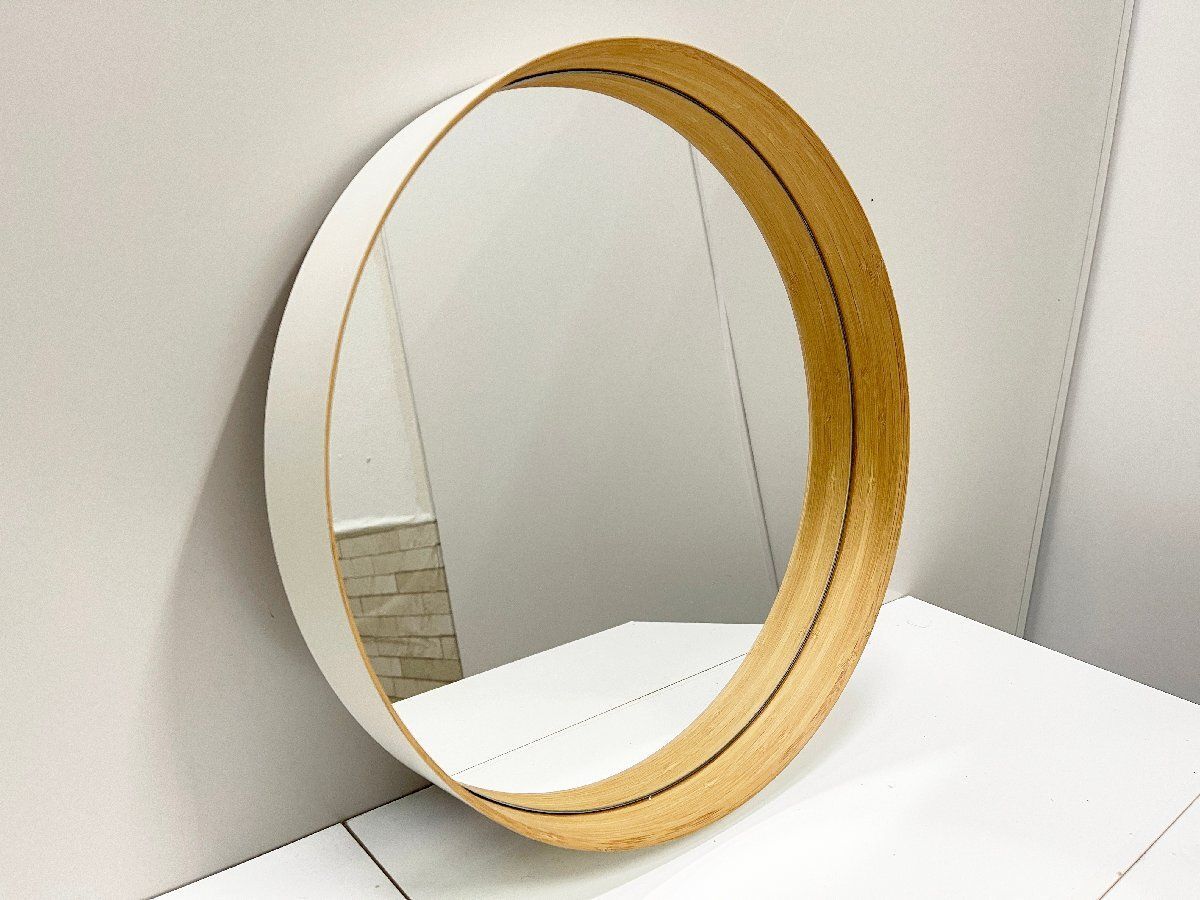 ● テオリ TEORI ZERO ウォールミラー Mサイズ 丸 円形 壁掛けミラー 鏡 竹細工 乳白色 定価2.4万 モダン シンプル おしゃれ 畑1104