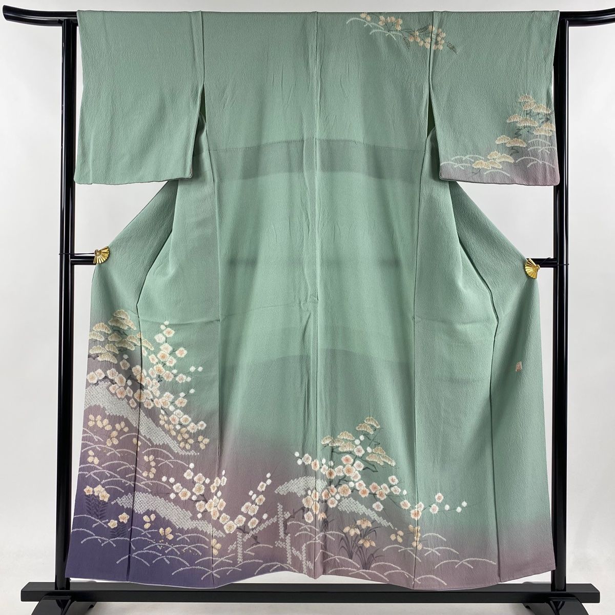 訪問着 身丈153.5cm 裄丈63.5cm S 袷 滝泰 落款 松梅 芝 絞り 金彩 薄緑 正絹