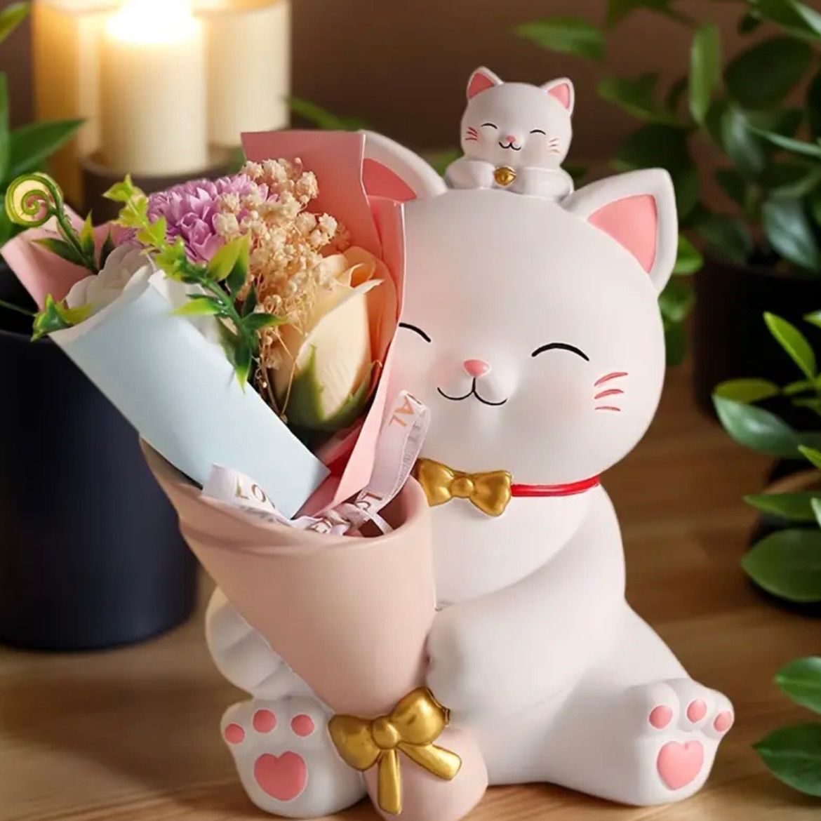 招き猫 置物 レジン製 フラワーホルダー付き 玄関 ダイニング 招き猫 置物 レジン製 フラワーホルダー付き 玄関 ダイニング