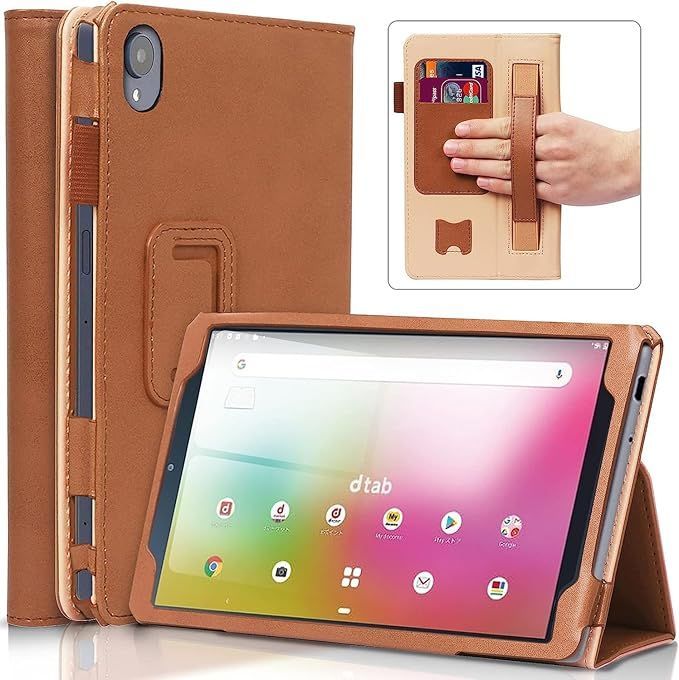 【在庫処分】docomo Compact dtab d-52c 8インチ 2022新型，タブレット ケース d-52c 用多機能保護カバー 高級PUレザーケース スタンド機能付 タッチペン収納可能 ハンドストラップ付 カード収納可能 (