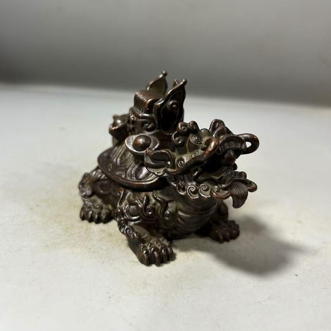 【超安い】 銅細工 装飾品 香道具 工芸品 龍頭官帽香炉 竜亀母子三元及第炉 工芸品