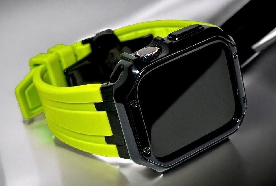 ライムグリーン&黒★Apple Watchシームレスバンド ラバーベルト アップルウォッチ極艶カバー 厚ケース メッキ 保護 series４〜11 ultra ultra2 ウルトラ 316Lステンレス 44 45 46 49mm