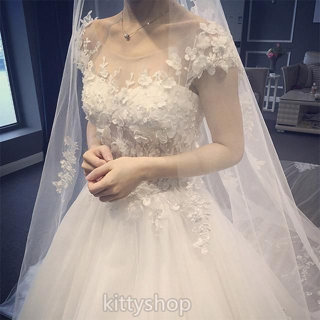 ウェディングドレス 袖あり 結婚式ドレス キレイめ フラワー ホワイトドレス Aライン ロングドレス 白 プリンセスドレス 結婚式 二次会 披露宴