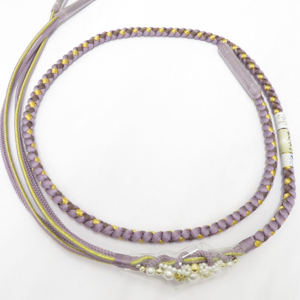 帯締め 振袖用 帯〆 ラベンダーカラー×金色 パールビーズ 飾り付き